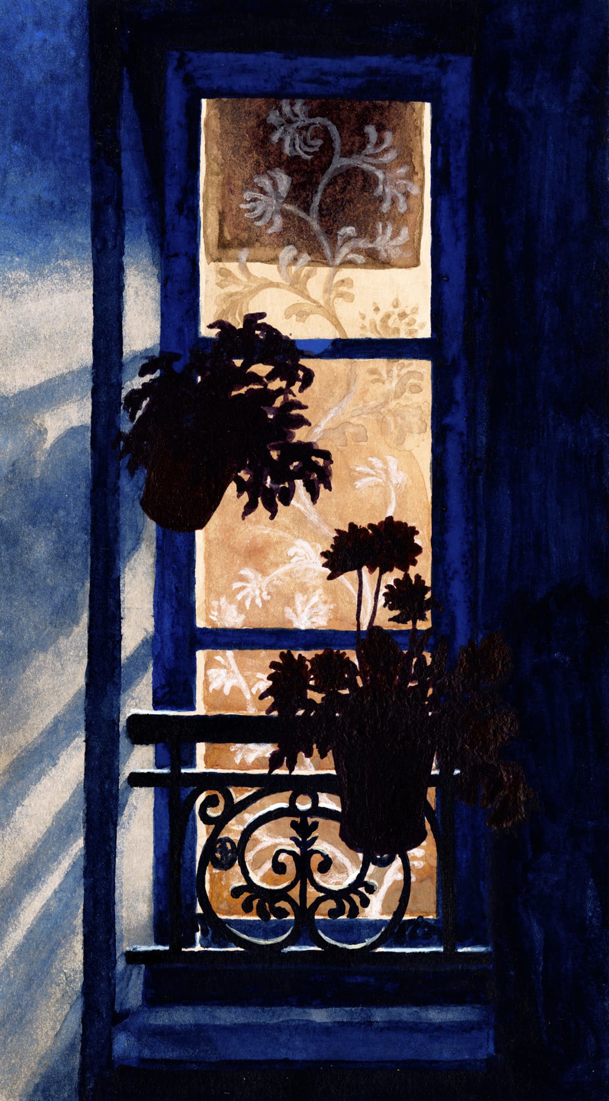 Illustration of Luna Olivier, from her project Aquarelles. A window illustrated, view from the inside. There are flowers pots next to the window.