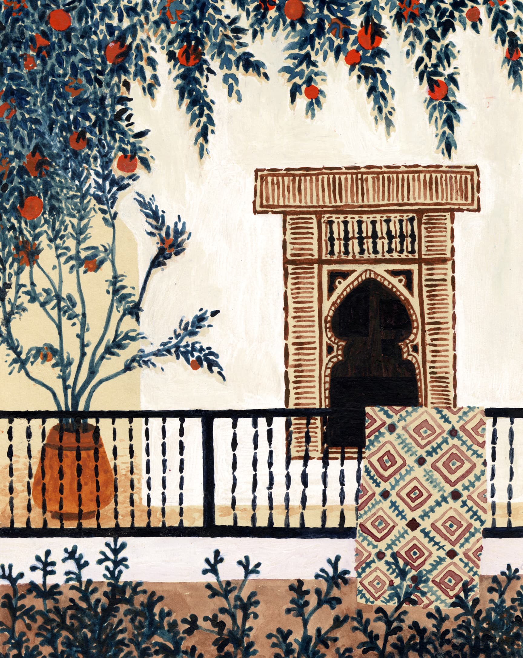 Illustration of Luna Olivier, from her project Aquarelles. A window illustrated from a morrocan house. There is a carpet in front of it.