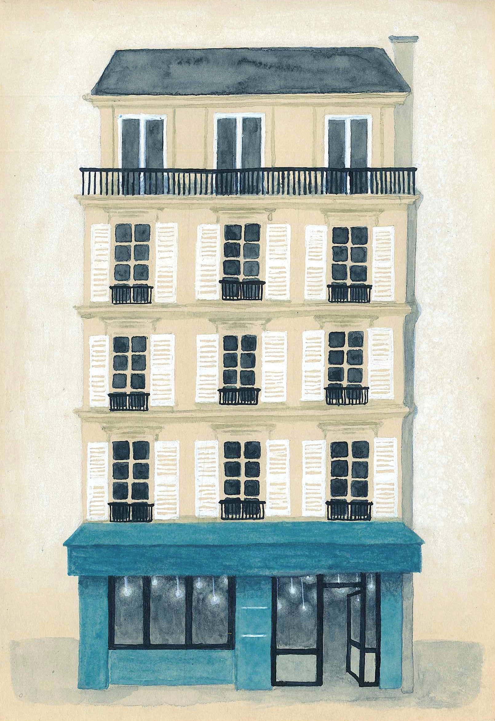 Illustration of Luna Olivier, from her project Aquarelles. An illustration from a parisian building. There is a restaurant with a blue awning at the ground floor.