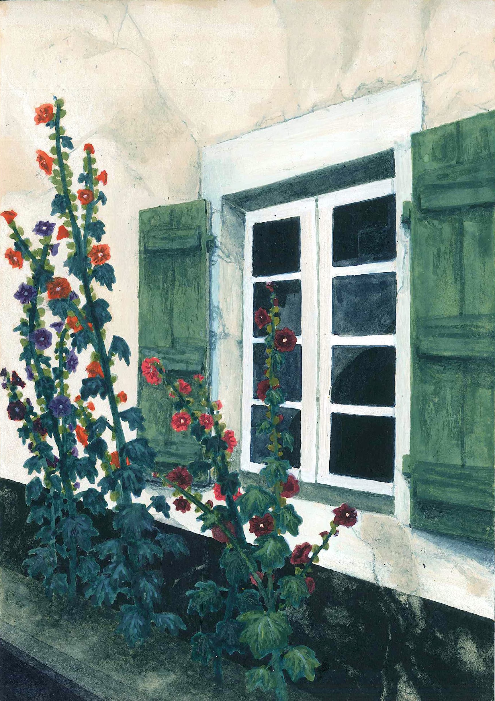 Illustration of Luna Olivier, from her project Aquarelles. A window illustrated from a house, in the sun. The shutter is green.