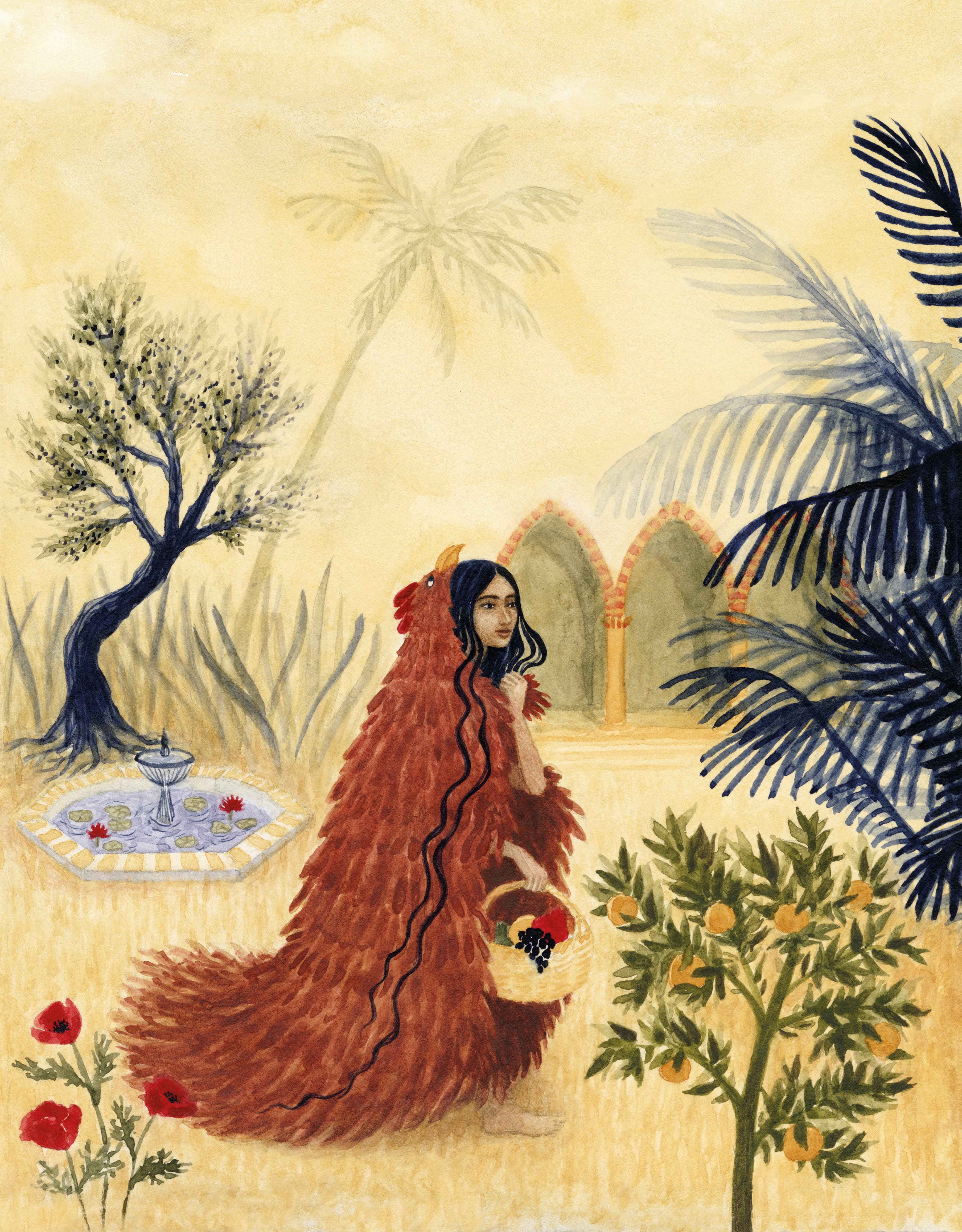 Illustration of Luna Olivier, from her project Contes de Palestine. A woman in a garden holden a basket of fruits.