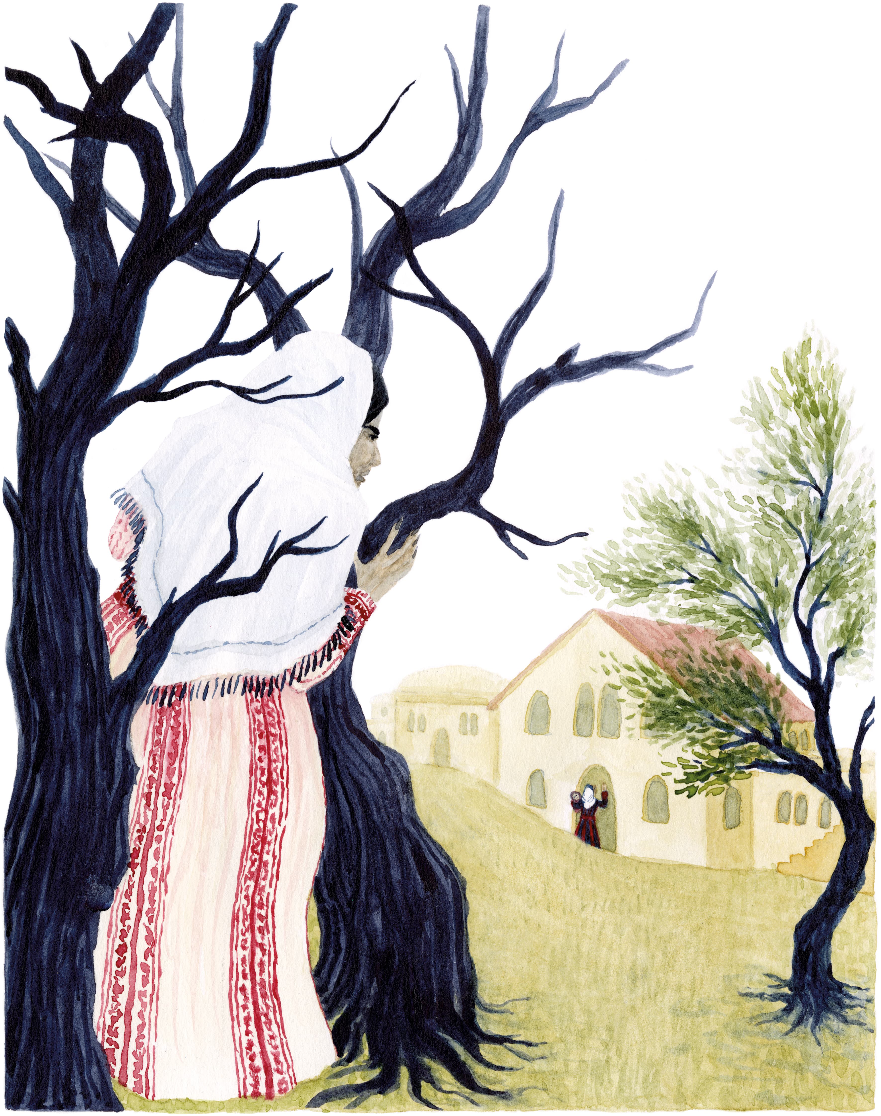 Illustration of Luna Olivier, from her project Contes de Palestine. A woman looking behind a tree, she is wearing a traditional Palestinian dress with intricate embroidery.