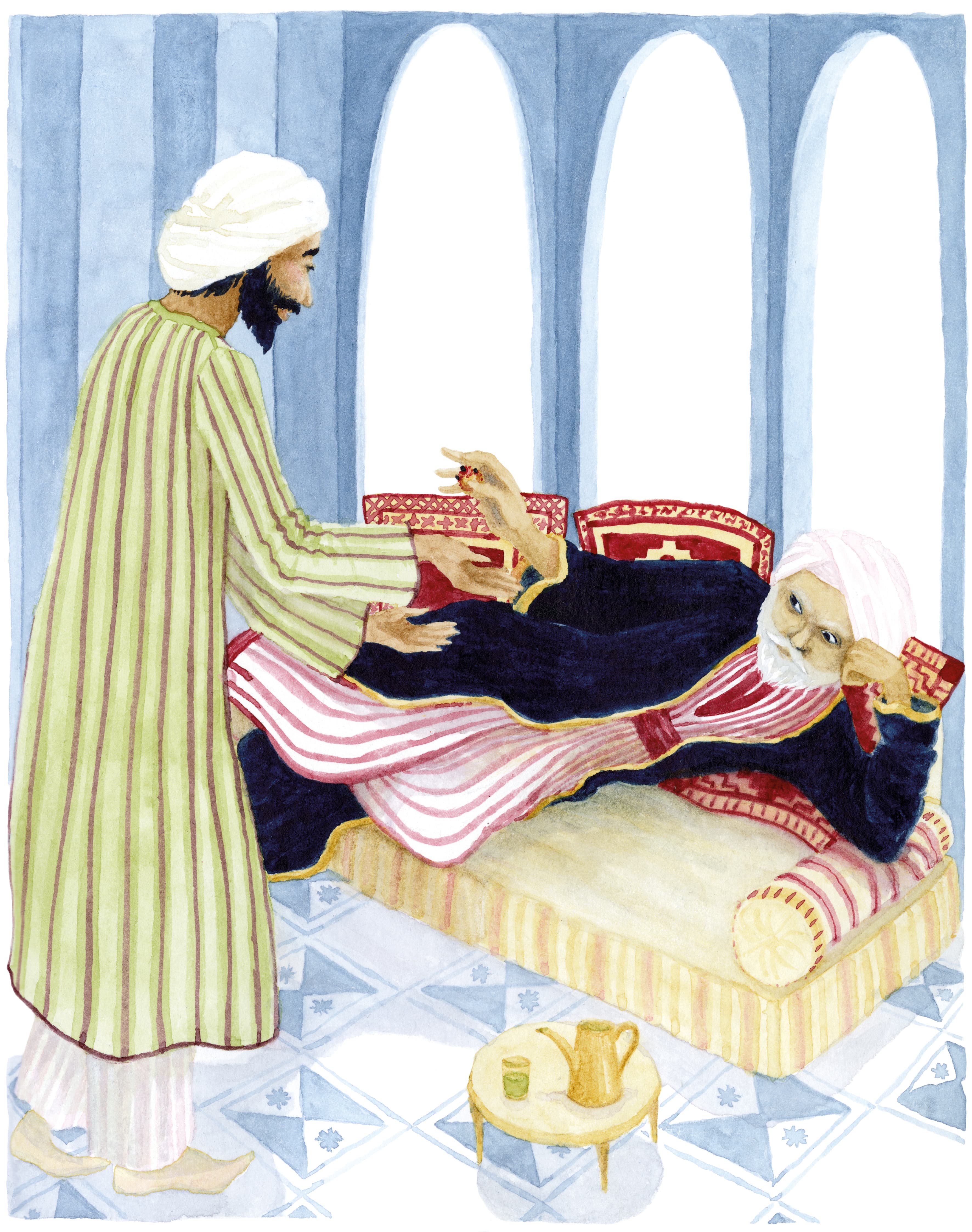 Illustration of Luna Olivier, from her project Contes de Palestine. A man lying on a sofa, talking to another man standing next.