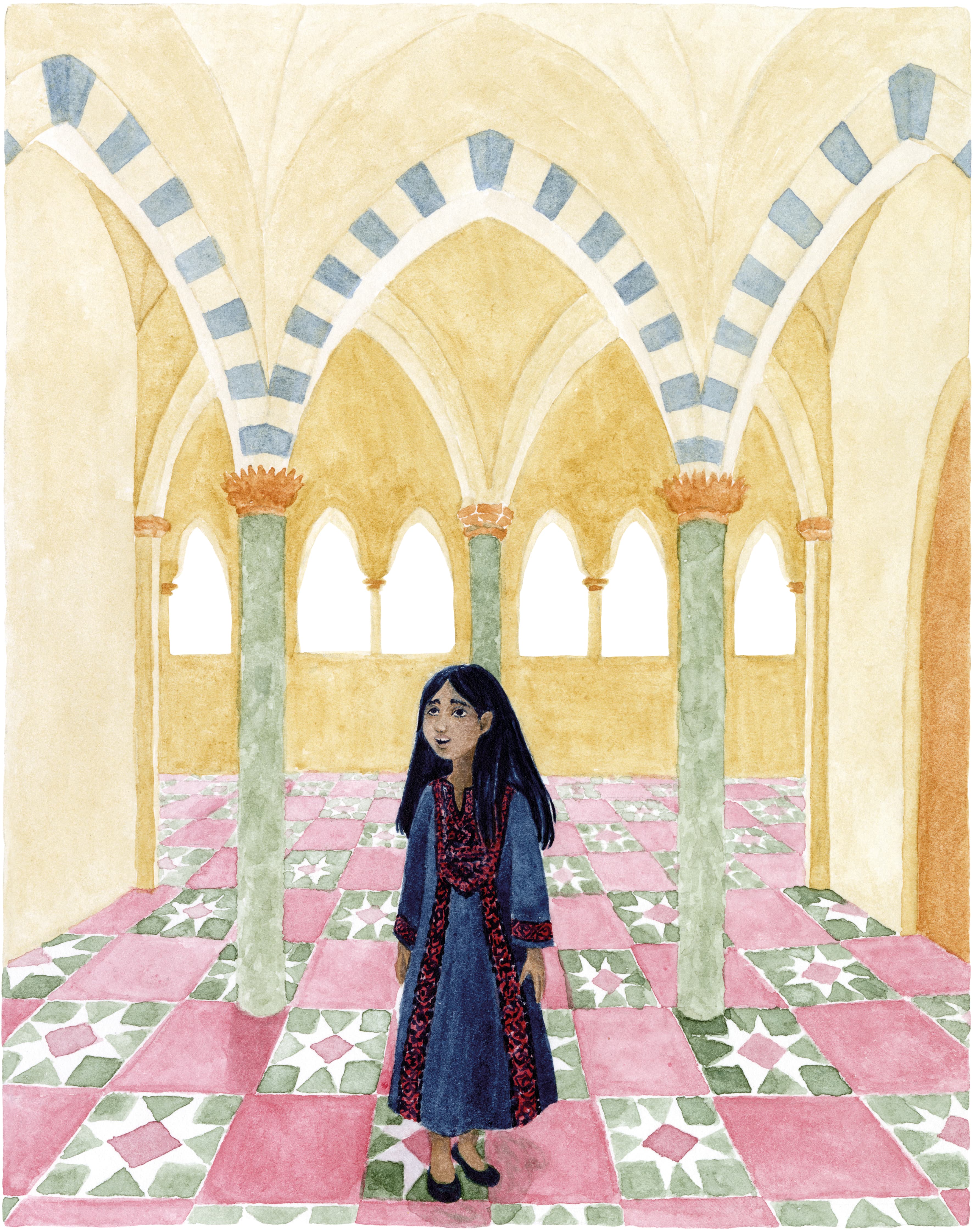 Illustration of Luna Olivier, from her project Contes de Palestine. A young girl walking in a palace.