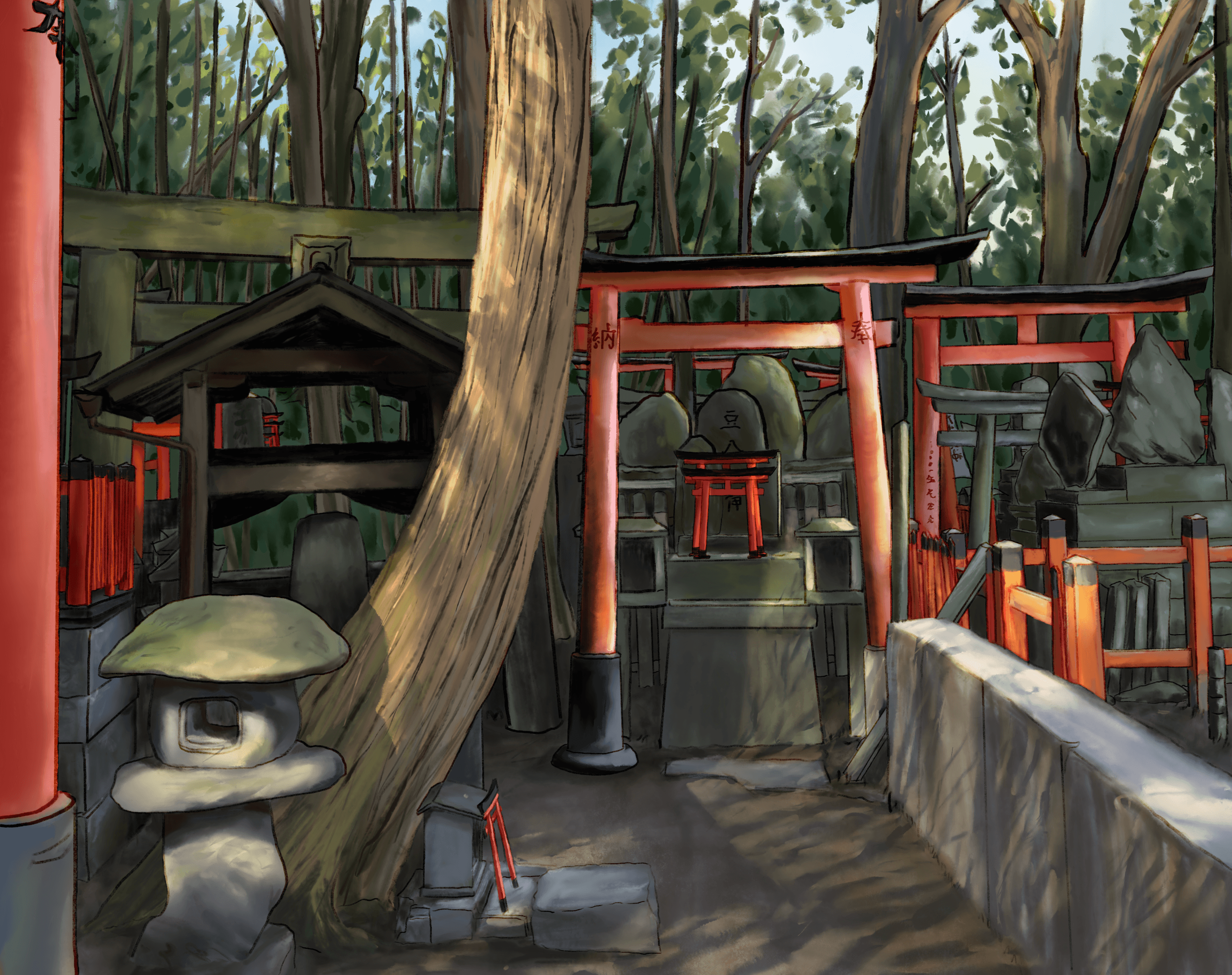 Illustration of Luna Olivier, from her project Décors. A decor for animation, showing the fushimi inari hill tori gates.