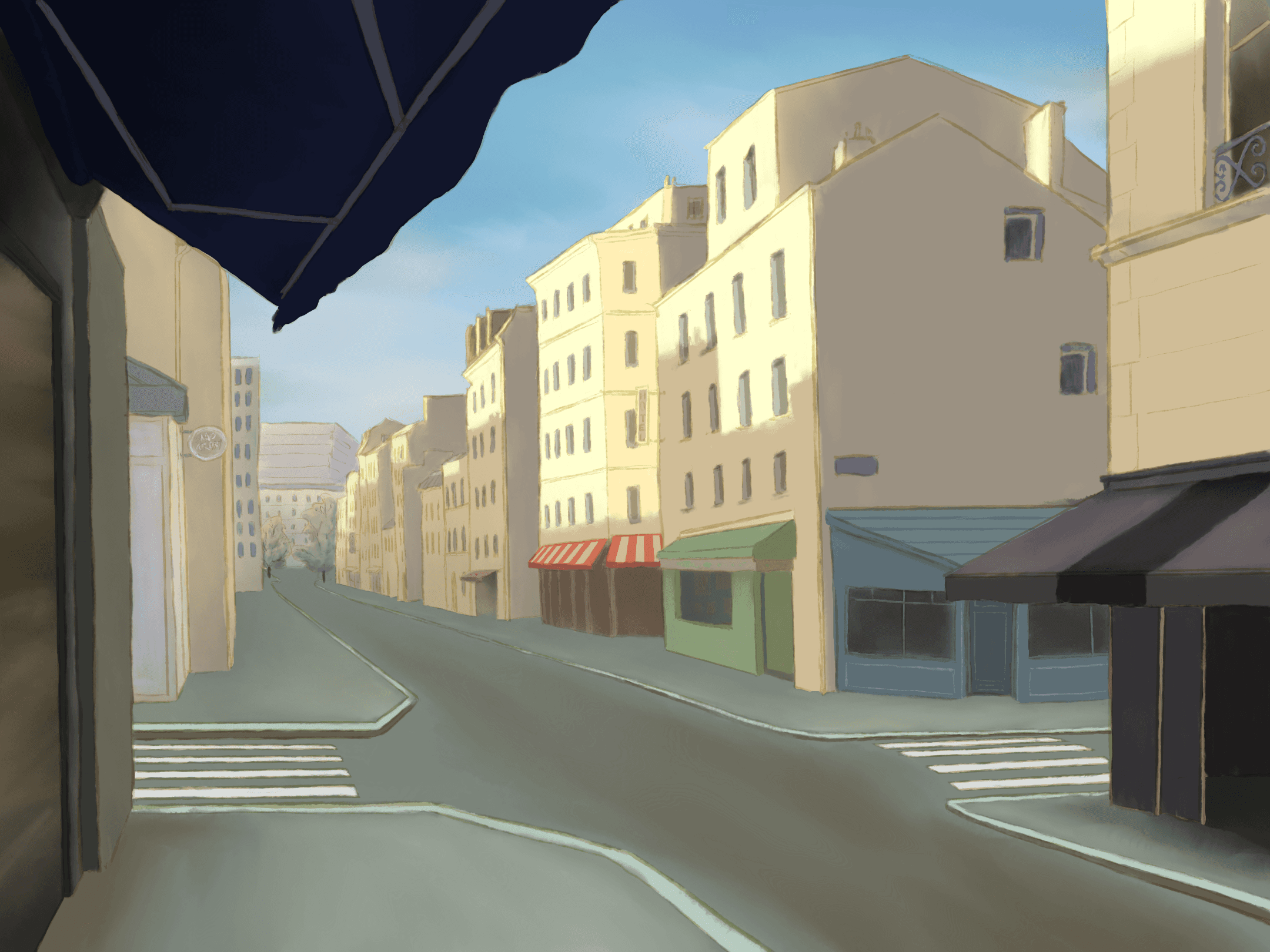 Illustration of Luna Olivier, from her project Décors. A decor for animation, showing a street.