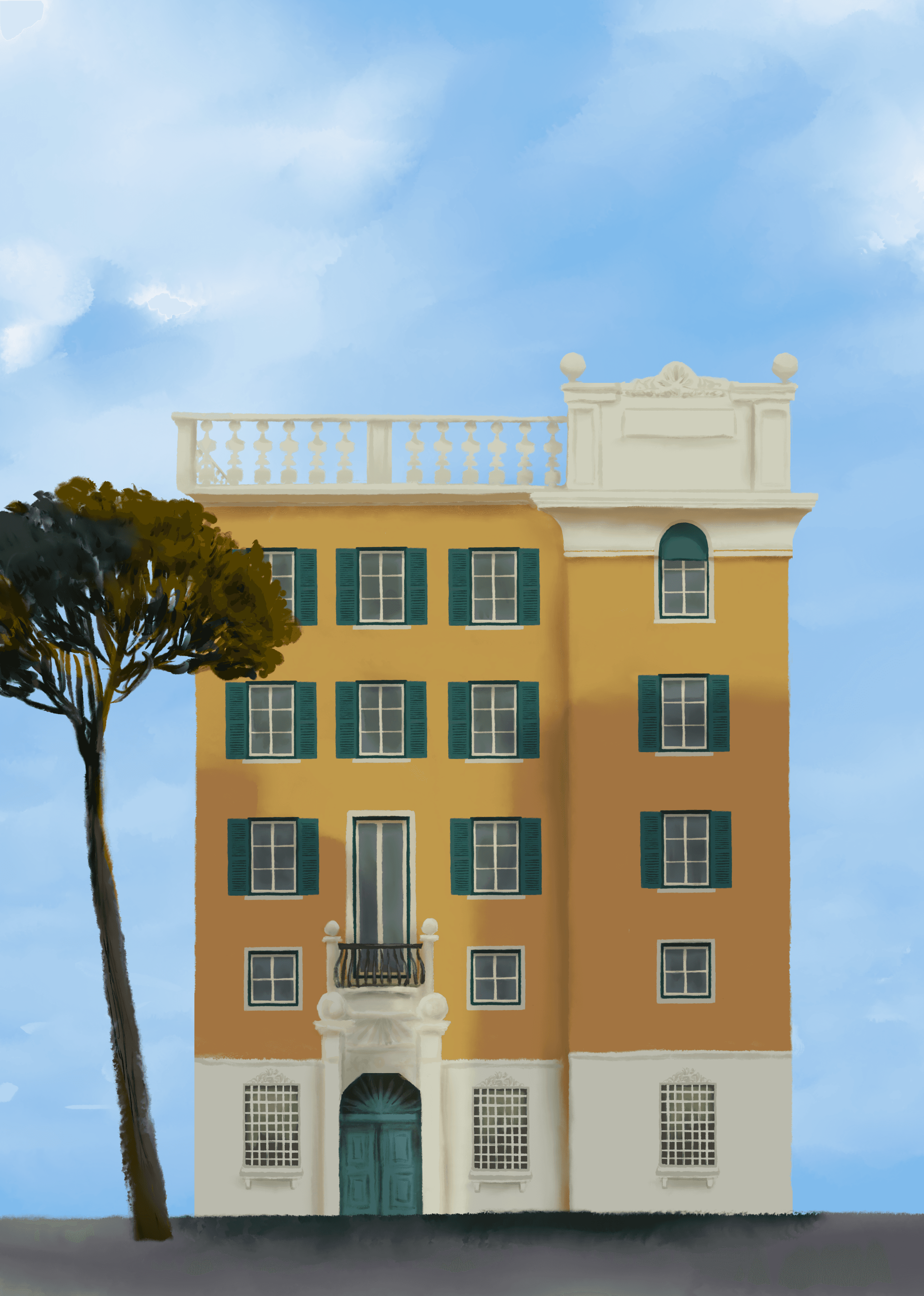 Illustration of Luna Olivier, from her project Décors. A decor for animation, showing a villa.