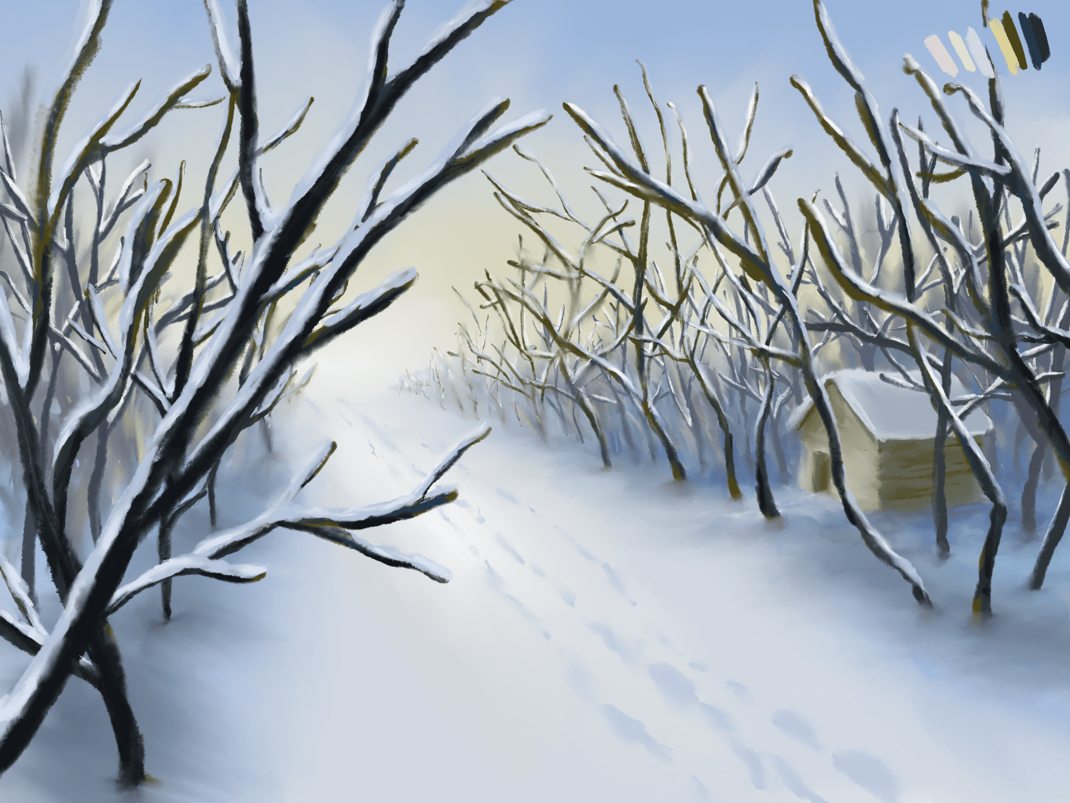 Illustration of Luna Olivier, from her project Décors. A decor for animation, showing a snowy road.