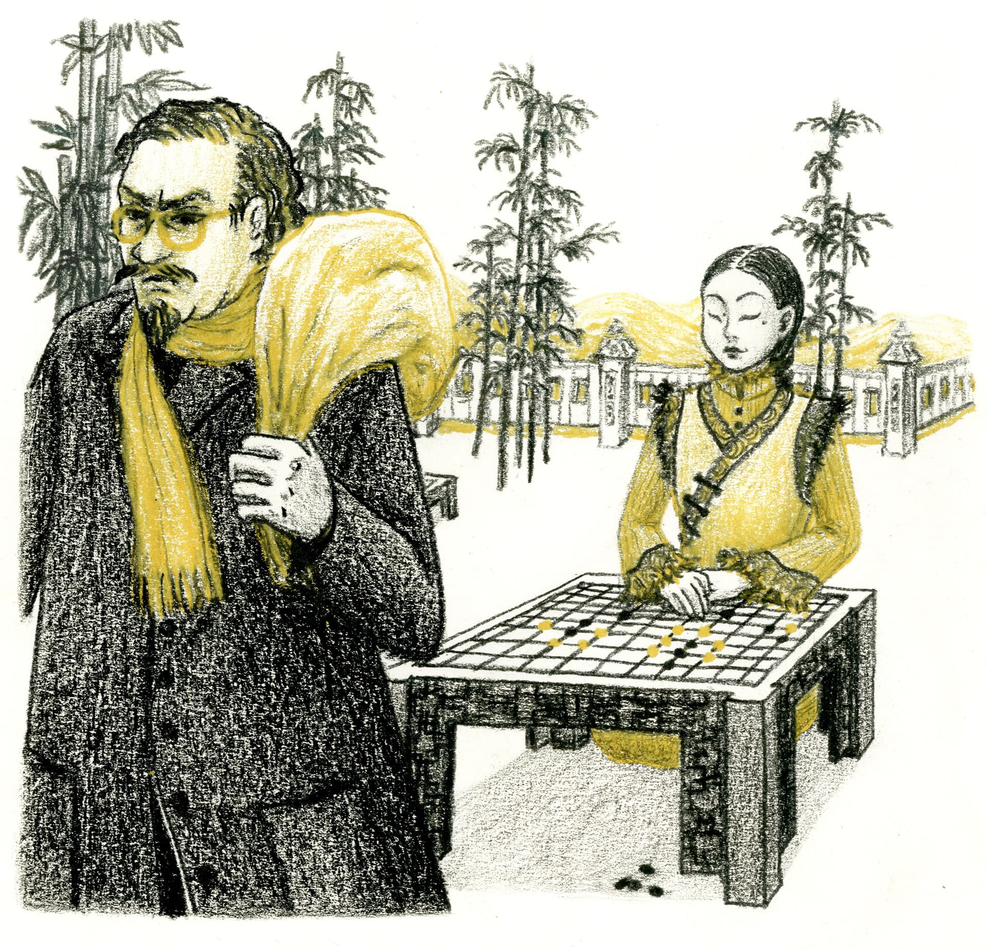 Illustration of Luna Olivier, from her project La Joueuse De Go. Chapter One,
in winter, at the beginning of the war, the protagonist (a young noble woman from Manchuria) is wining against the Manchus and foreign men who play Go with her in the Go place "Place des milles vents".