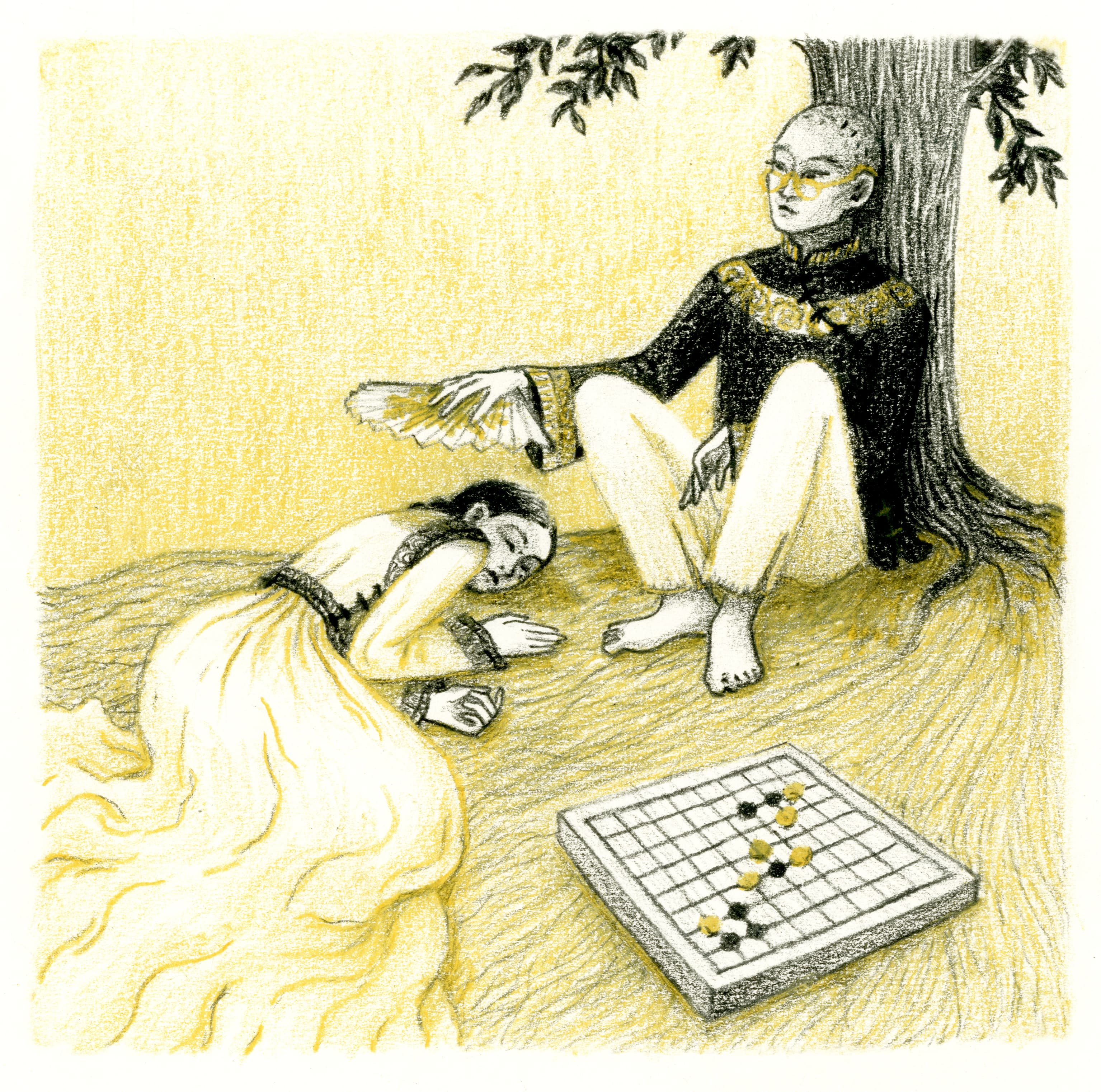 Illustration of Luna Olivier, from her project La Joueuse De Go. Chapter 76,
After many events, he becomes a spy for Japan, and the two of them regularly play Go. Once, being exhausted from of the mourning of her friends and lover, the girl falls asleep in the sun. The young man siting under a tree protects her from the sun, intrigued and puzzled, wondering about her life.