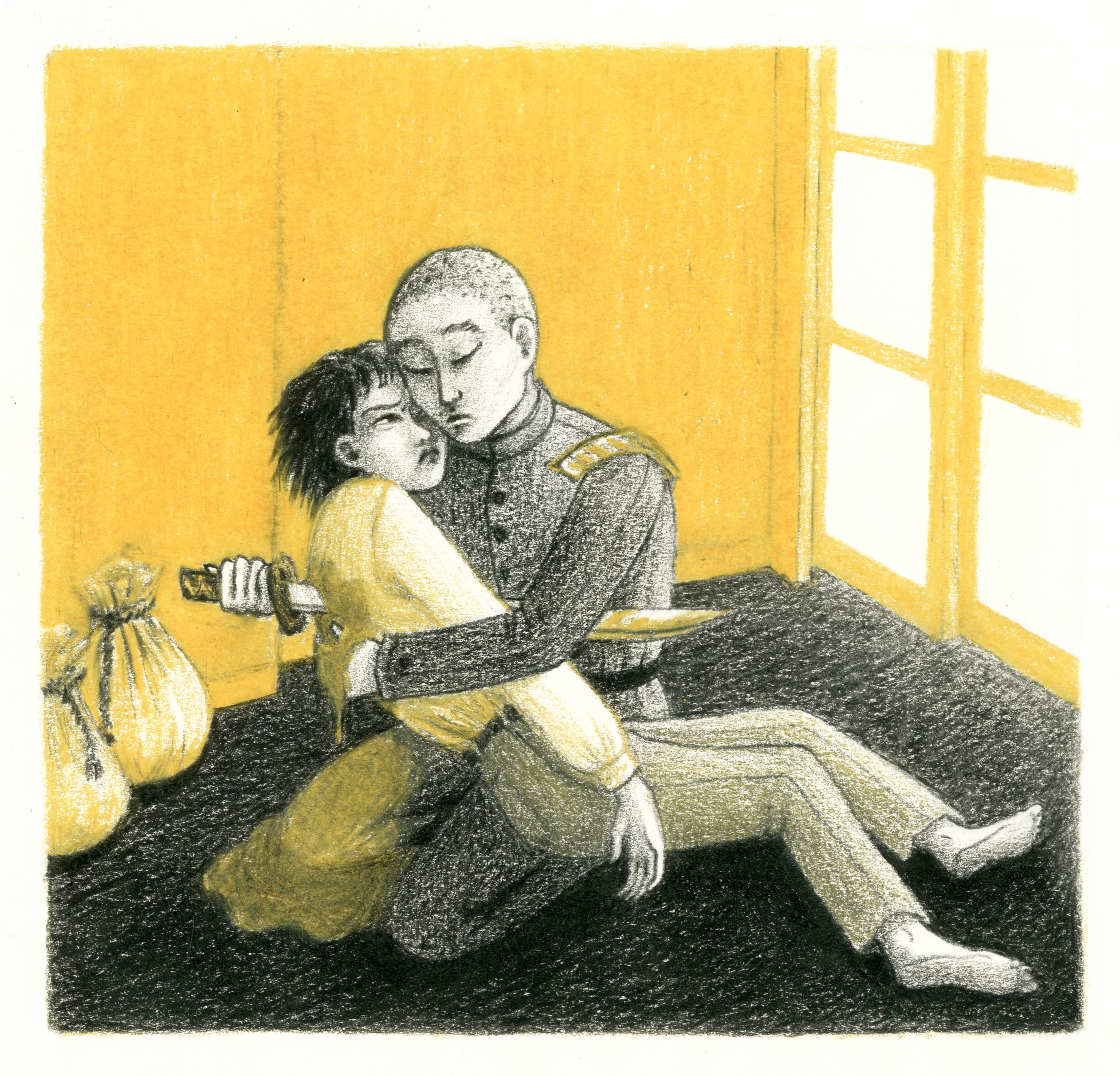 Illustration of Luna Olivier, from her project La Joueuse De Go. Final Chapter, (SPOILERS)
She eventually gets herself arrested by a group of Japanese soldiers. The officer is also there and recognizes her under her man's clothes, and so does she, feeling betrayed. When the soldiers understand that she is actually a woman, they try to rape her. The young officer, to save her from the soldiers, has no choice but to kill her, as she begs him to do so, and kills himself right afterwards.