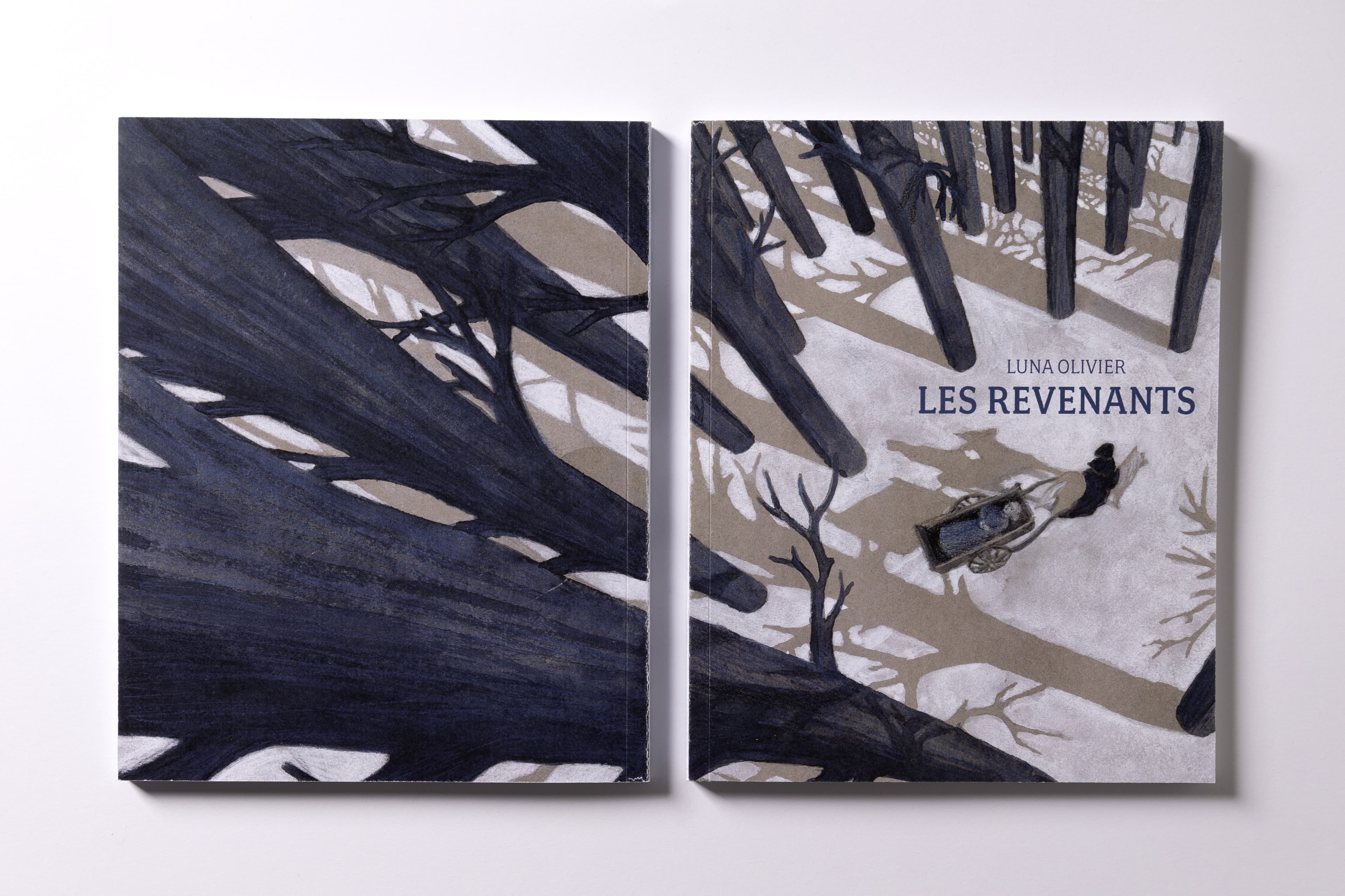 Illustration of Luna Olivier, from her project Les Revenants. A book cover of ghosts tales with dark blue and white watercolor, on warm gray paper. We can see it's winter from the bare trees and the snow on the ground. The frame is a Bird's-Eye View above the trees, and we can see a hooded figure on a horse, dragging a dead old woman in a plow