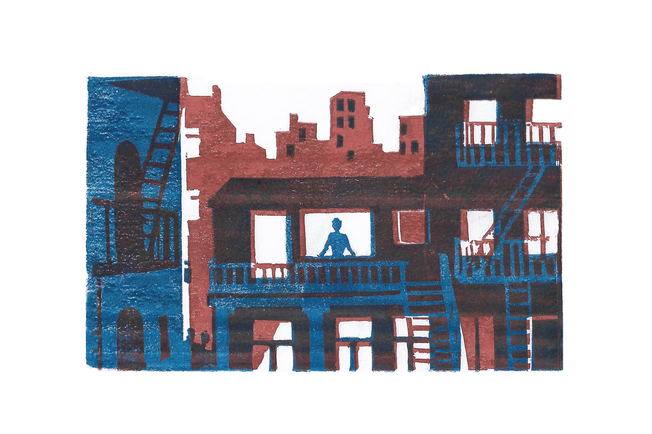 Illustration of Luna Olivier, from her project Linocut. Rear Window