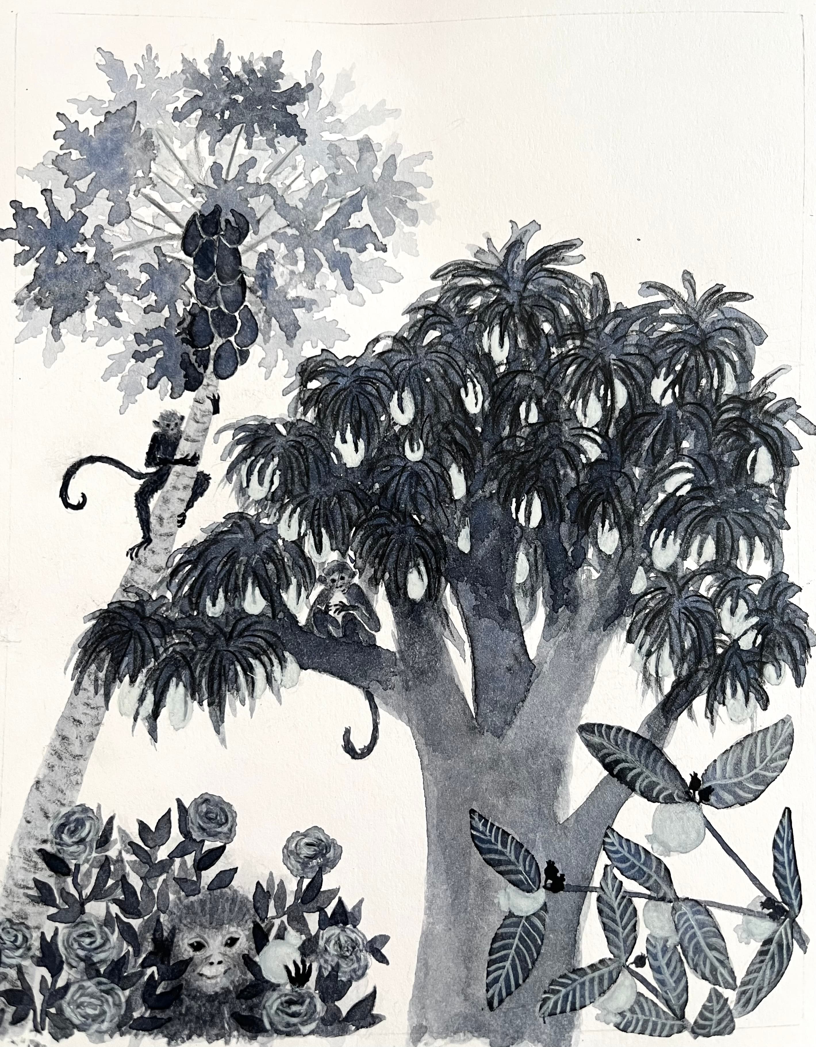 Illustration of Luna Olivier, from her project Le Seigneur de la mousson et autres contes de l'Inde du Sud. Two monkeys in trees looking