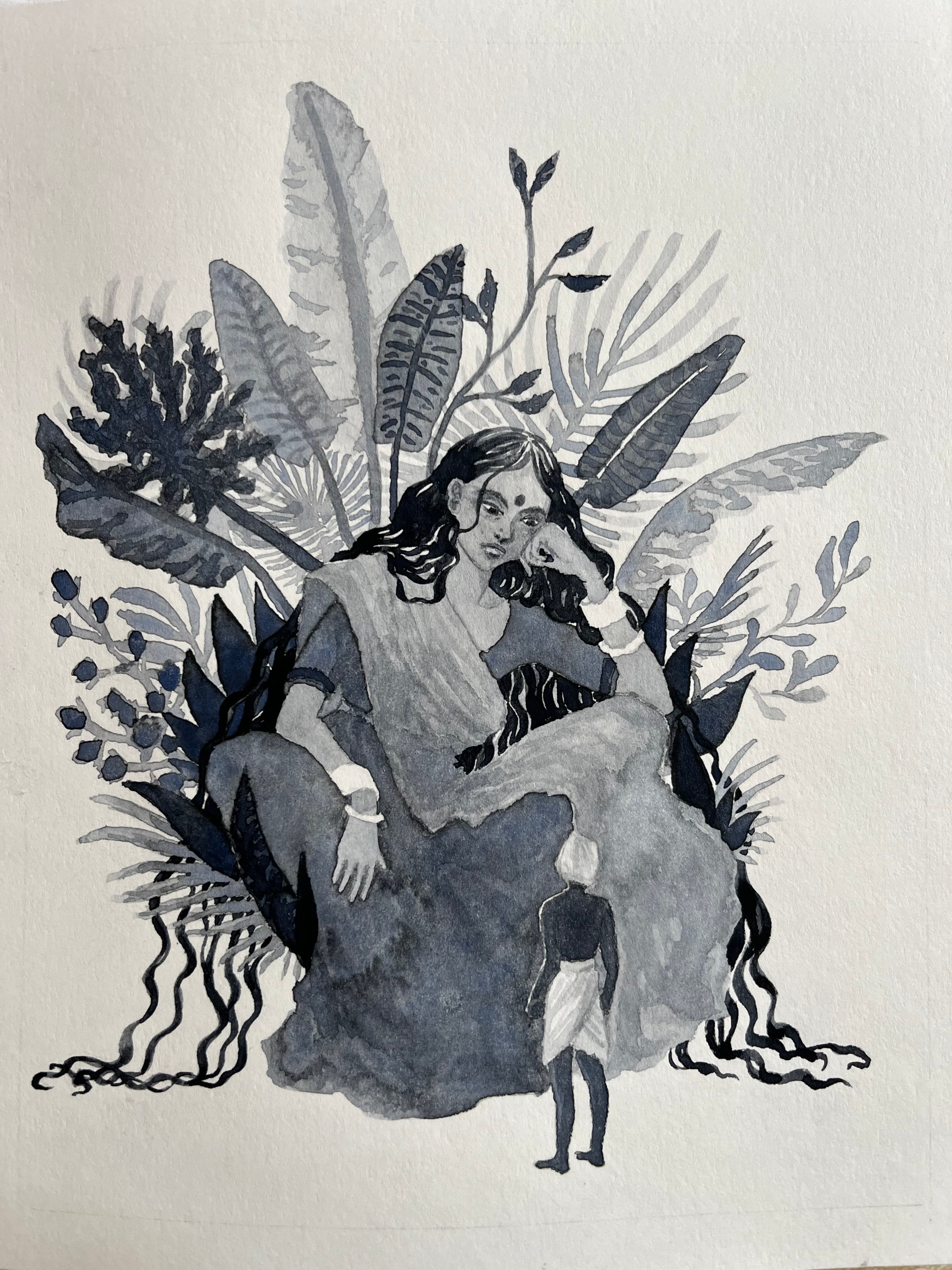 Illustration of Luna Olivier, from her project Le Seigneur de la mousson et autres contes de l'Inde du Sud. A giant woman looking at a tiny man in front of her.