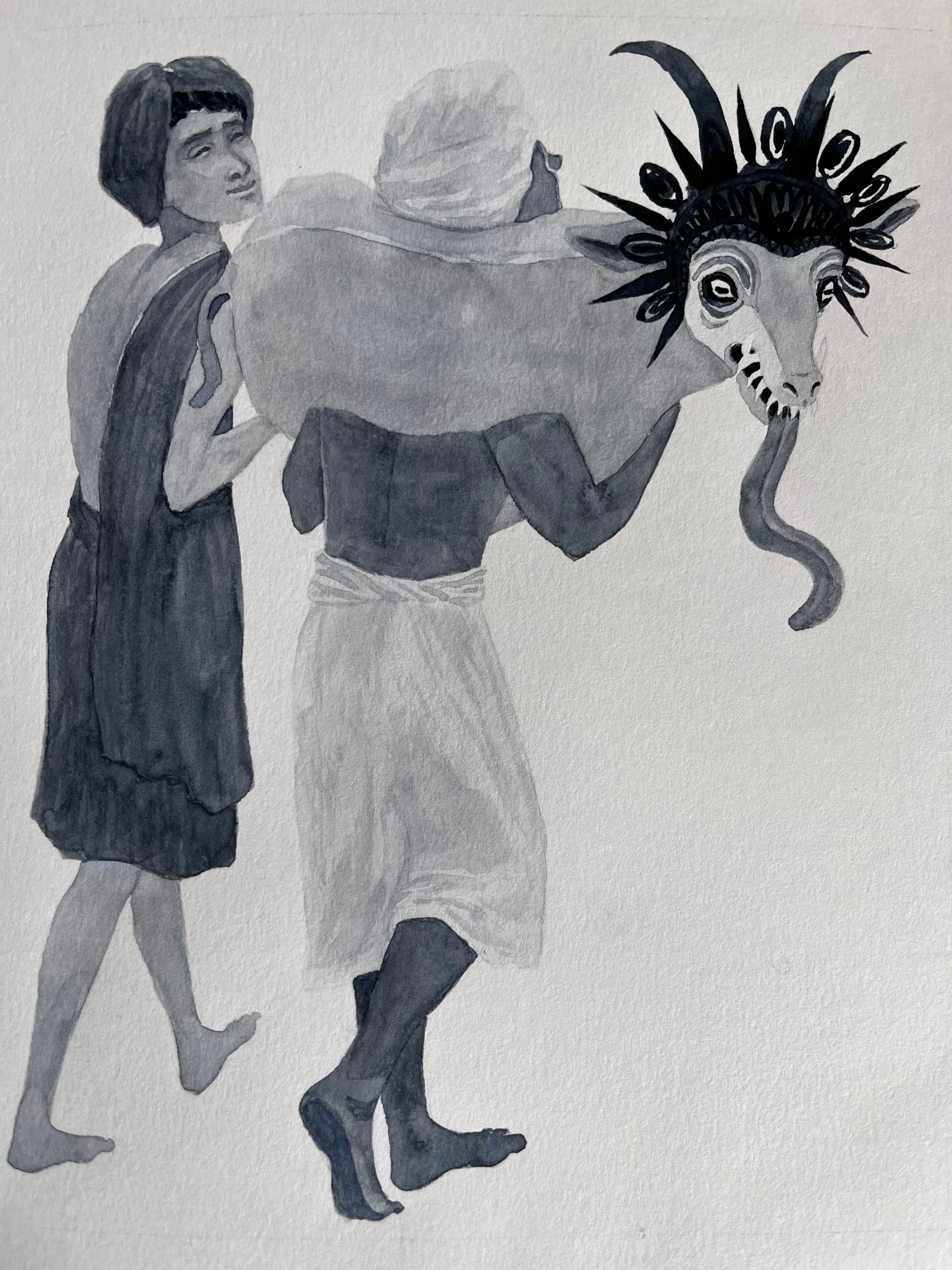Illustration of Luna Olivier, from her project Le Seigneur de la mousson et autres contes de l'Inde du Sud. Two men walking, one of them is carrying a deer.