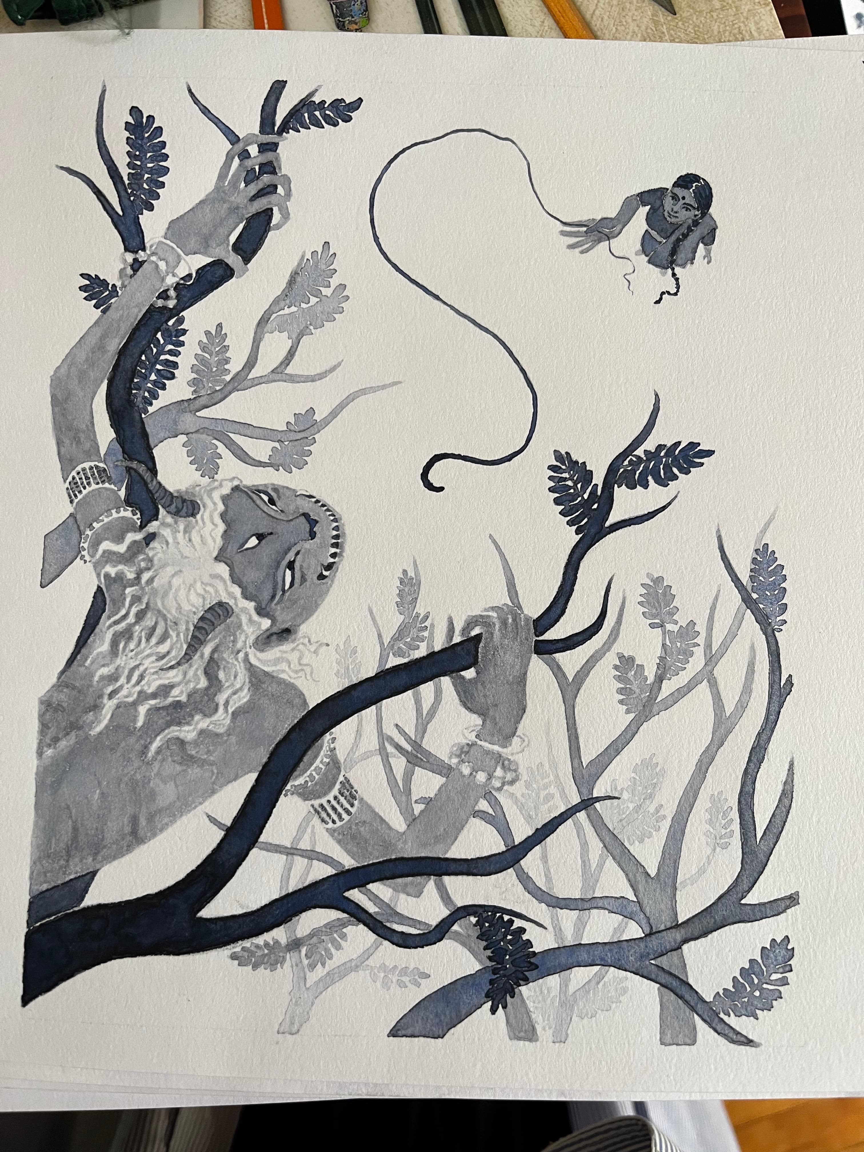Illustration of Luna Olivier, from her project Le Seigneur de la mousson et autres contes de l'Inde du Sud. A woman throwing a string at a divinity in a tree.