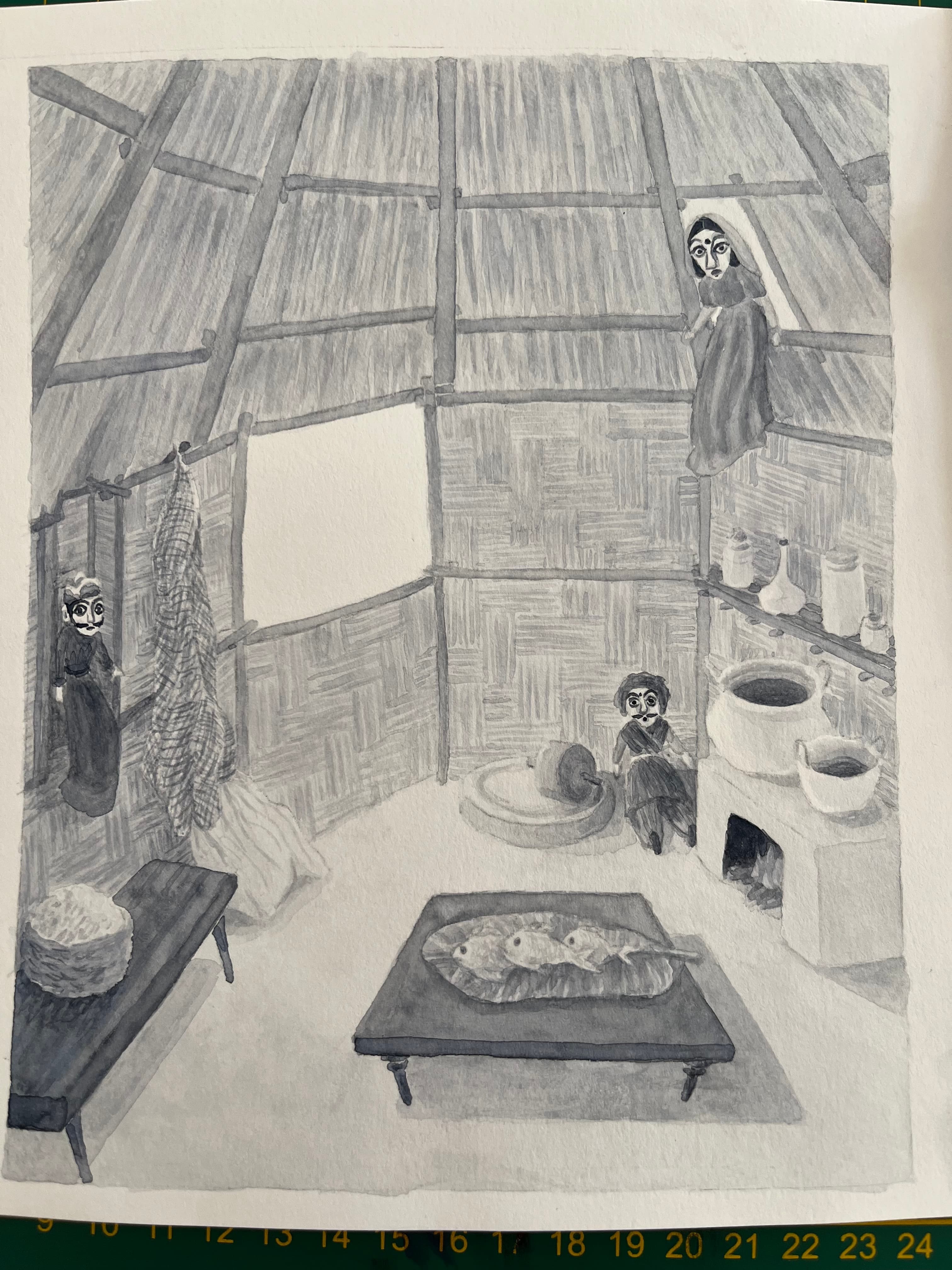 Illustration of Luna Olivier, from her project Le Seigneur de la mousson et autres contes de l'Inde du Sud. Three dolls placed in a hut.