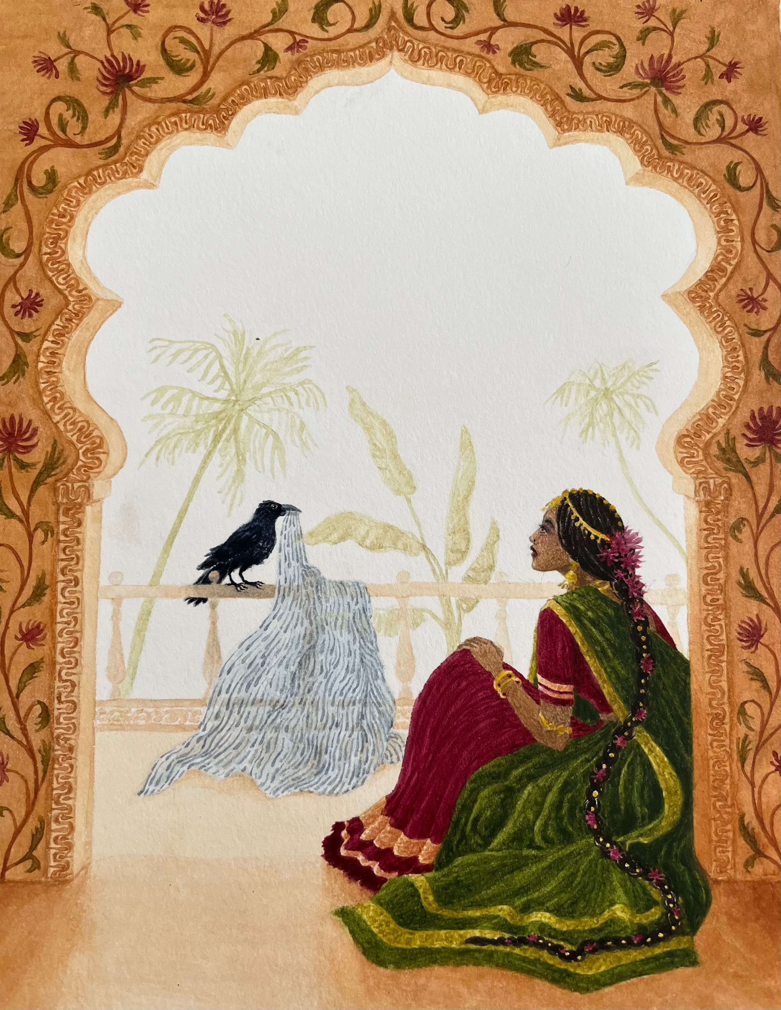 Illustration of Luna Olivier, from her project Le Seigneur de la mousson et autres contes de l'Inde du Sud. A woman sitting, looking at a crow bringing a veil.