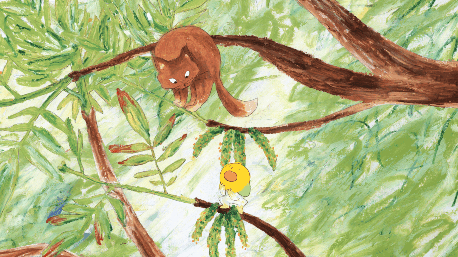 Illustration of Luna Olivier, from her project Patouille & Momo. An animation frame, showing the main character and a cat in a tree.