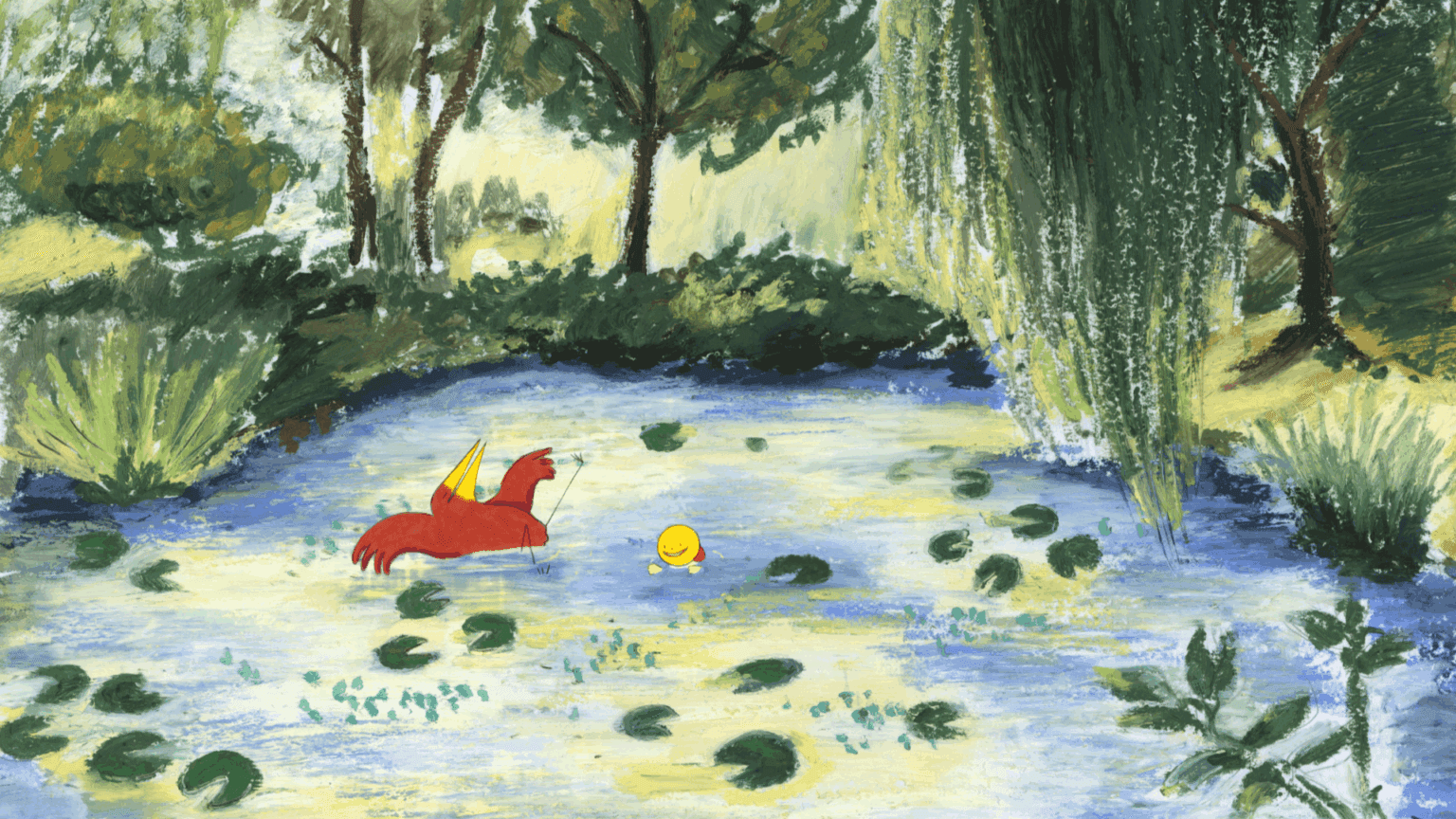 Illustration of Luna Olivier, from her project Patouille & Momo. An animation frame, showing a bird and his friend swimming in a pond.