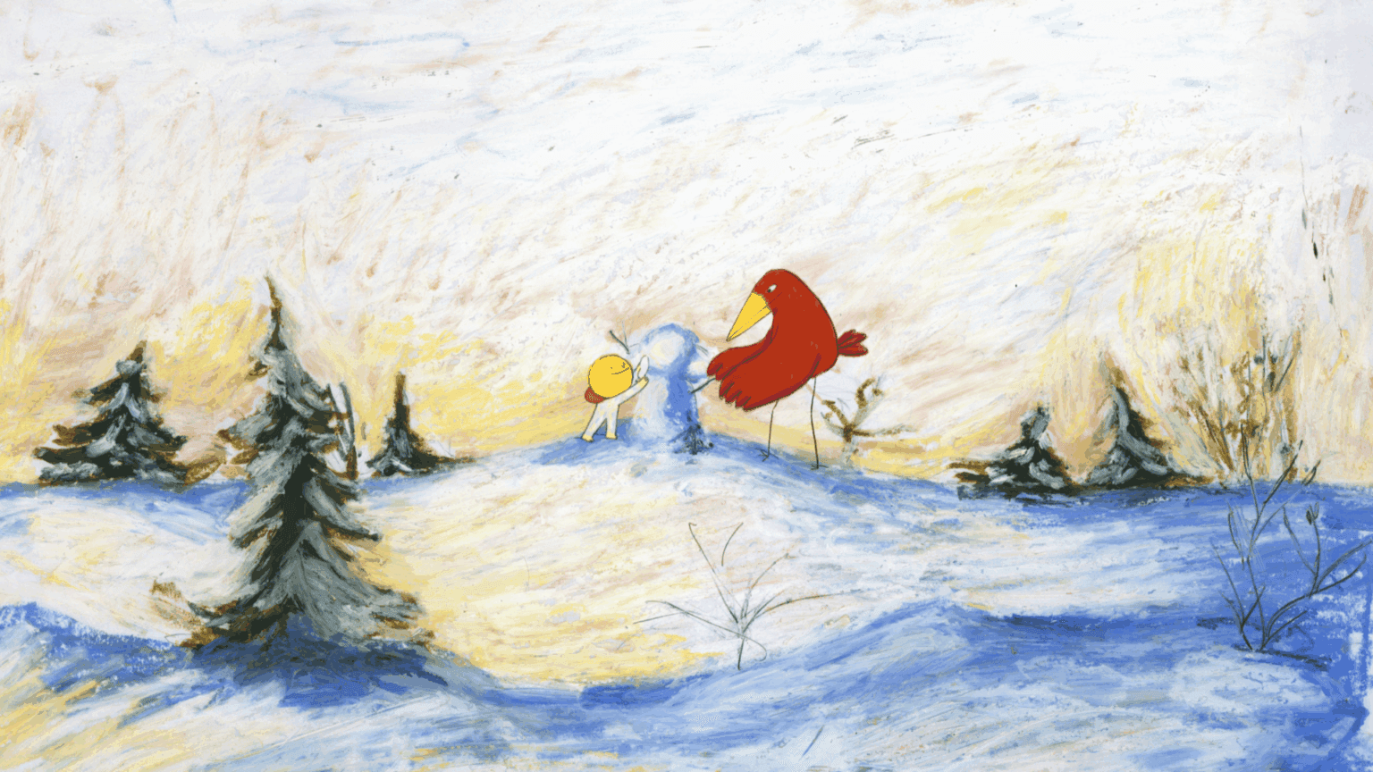 Illustration of Luna Olivier, from her project Patouille & Momo. An animation frame, showing a bird and his friend making a snowman.