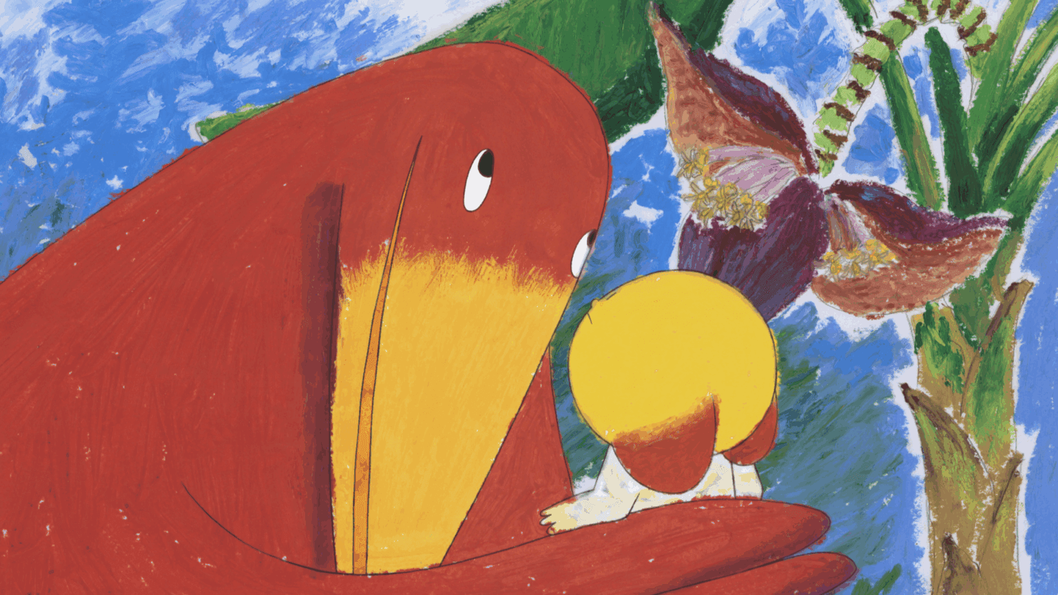 Illustration of Luna Olivier, from her project Patouille & Momo. An animation frame, showing a bird and his friend looking at a flower.